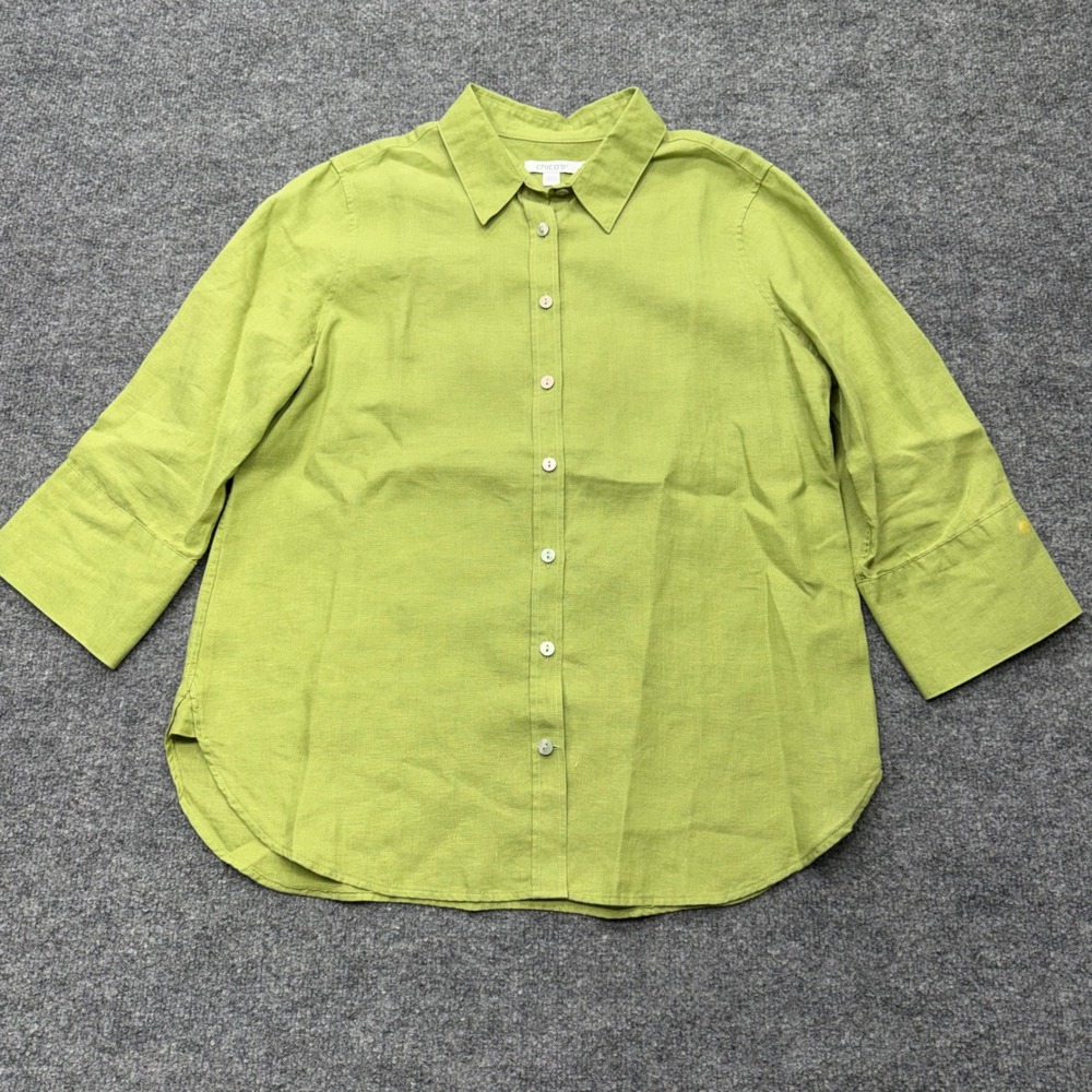Chicos 100% Linen Button Down Shirt Lime Green 3/4 Sleeve Size 0.5 US 6